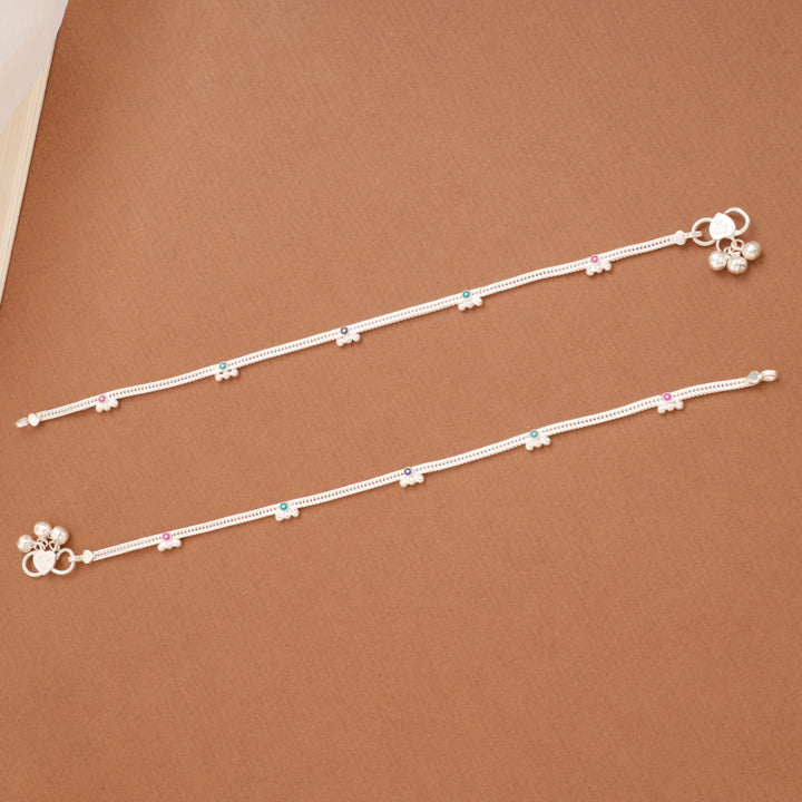 Regal Linear Braided Circle Enamel Silver Anklets
