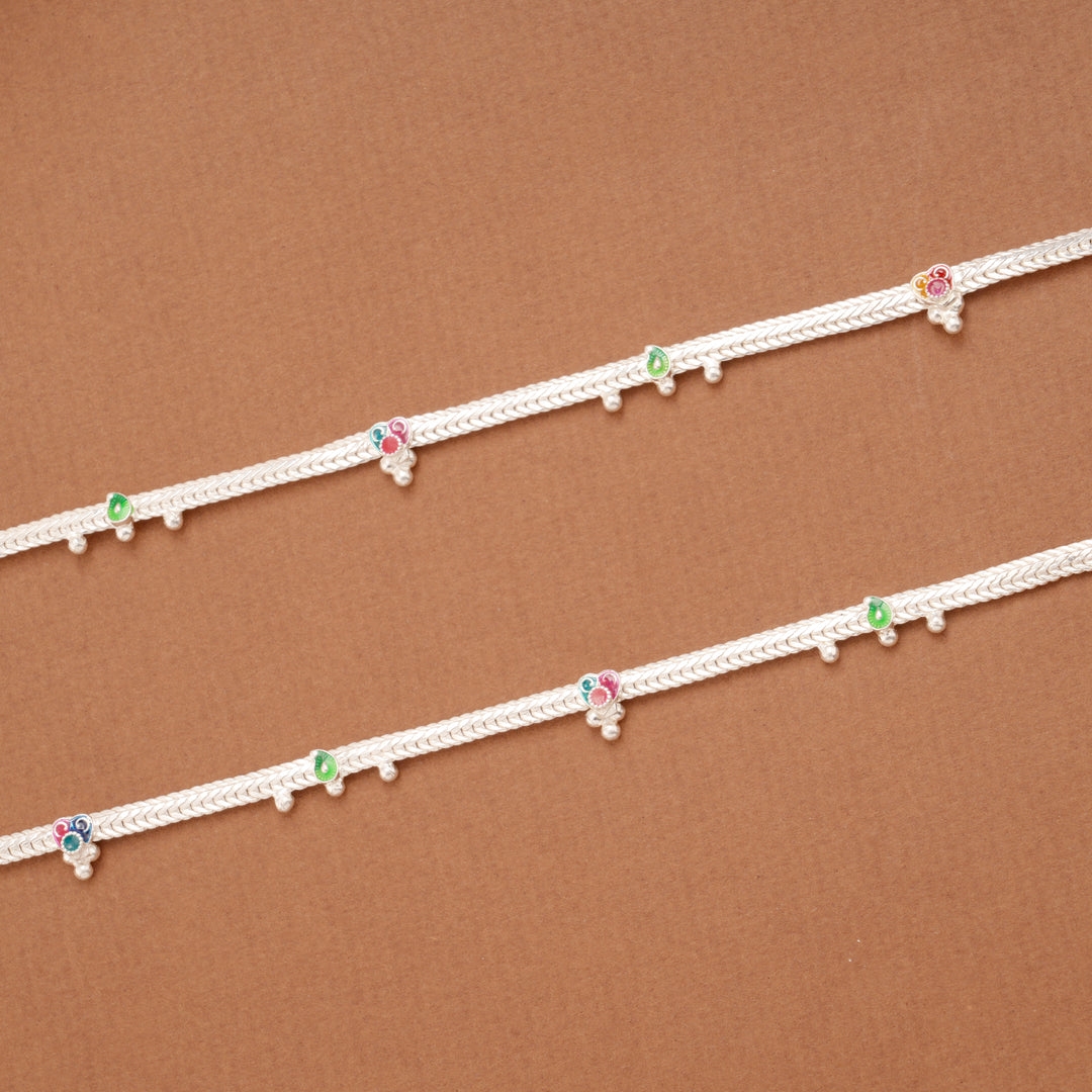 Multicolour Heart Enamel Design Beaded Silver Anklets