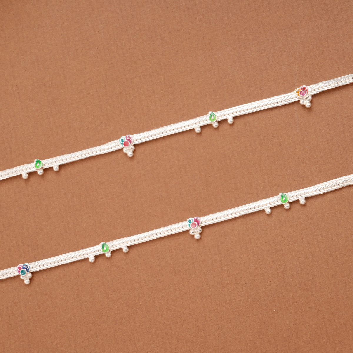 Multicolour Heart Enamel Design Beaded Silver Anklets