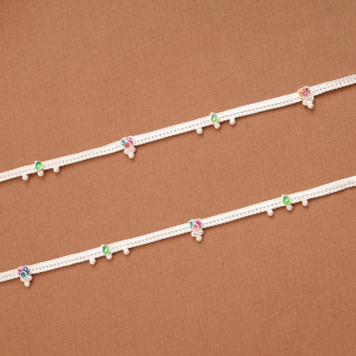 Multicolour Heart Enamel Design Beaded Silver Anklets