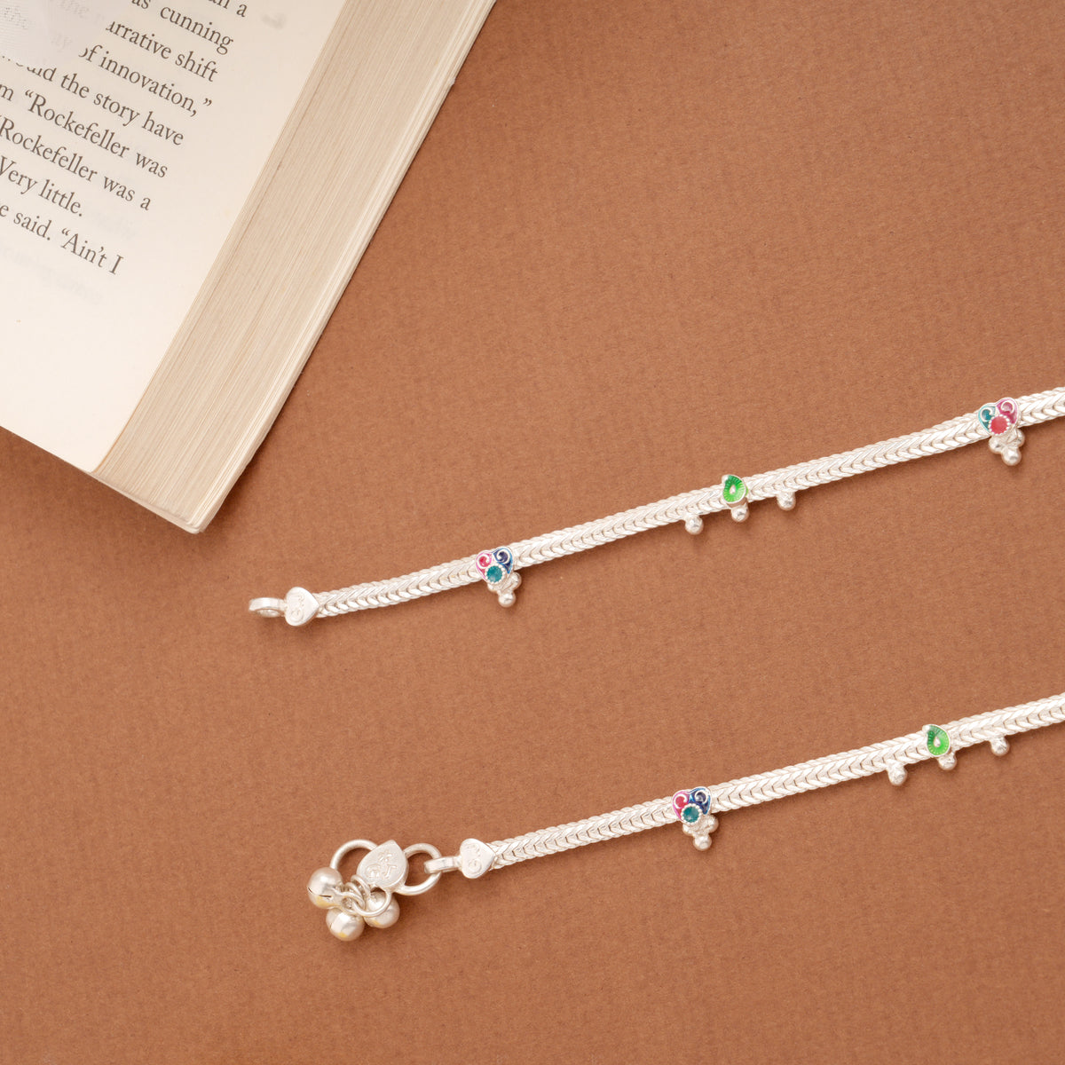 Multicolour Heart Enamel Design Beaded Silver Anklets