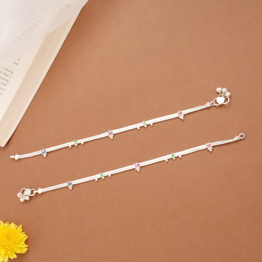Multicolour Heart Enamel Design Beaded Silver Anklets
