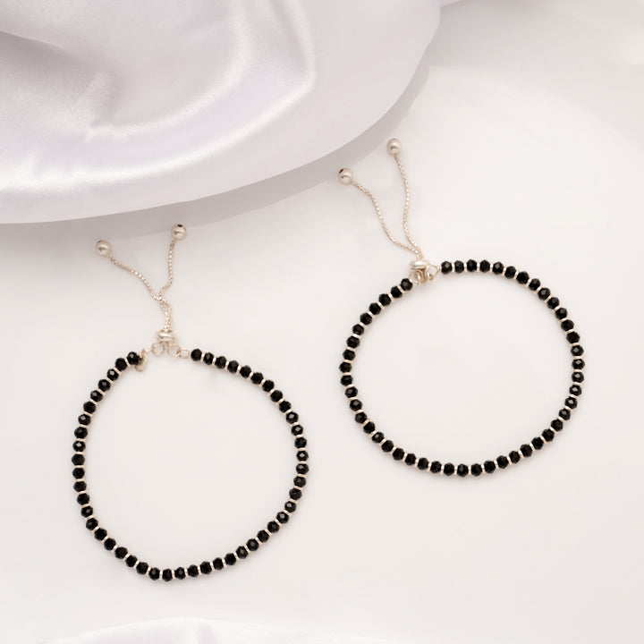 Classic Black Beaded Silver Baby Anklets