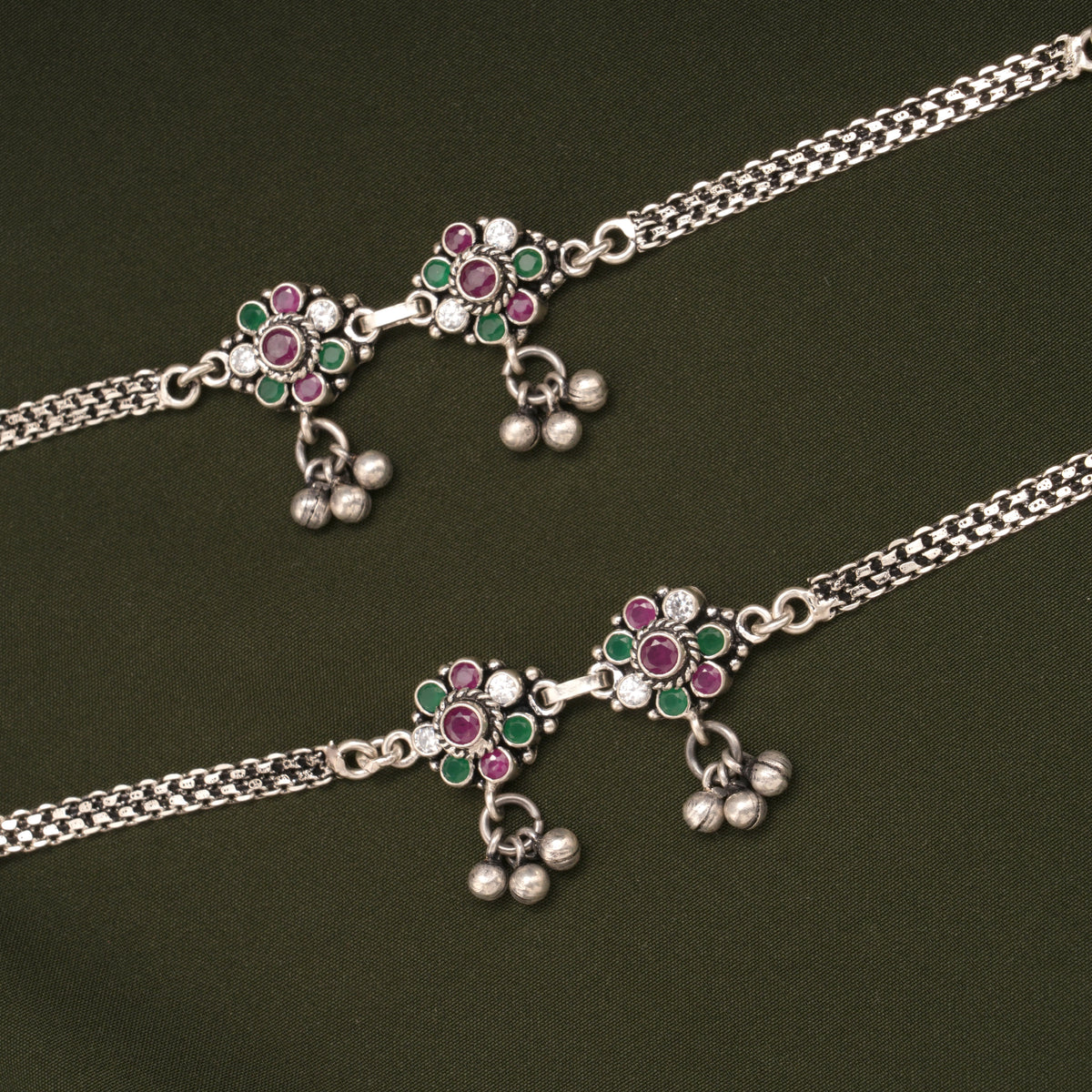 Antique Dual Blossom Flower Design Silver Anklets