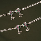 Antique Dual Blossom Flower Design Silver Anklets