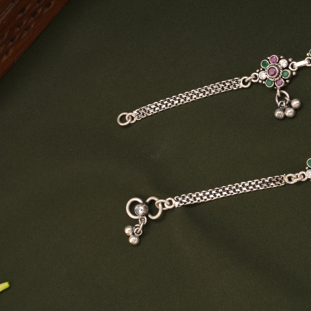 Antique Dual Blossom Flower Design Silver Anklets