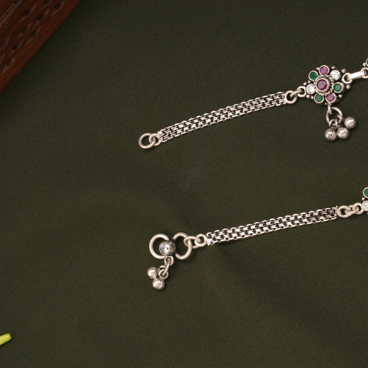 Antique Dual Blossom Flower Design Silver Anklets