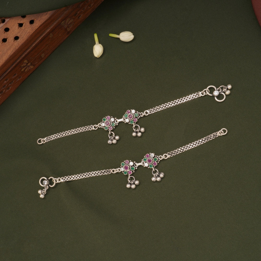 Antique Dual Blossom Flower Design Silver Anklets