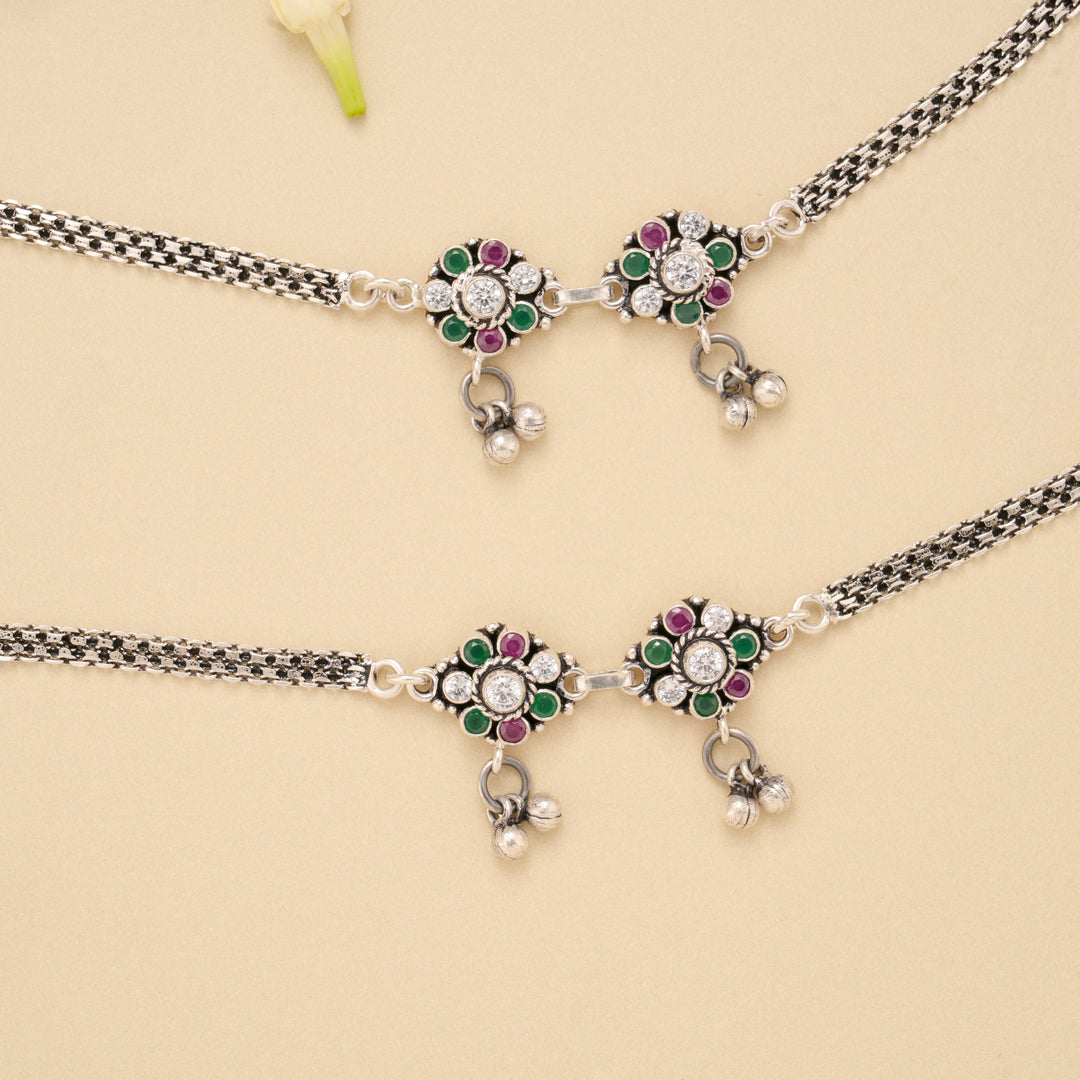 Antique Ruby Emerald Floral Silver Anklet
