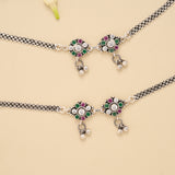 Antique Ruby Emerald Floral Silver Anklet