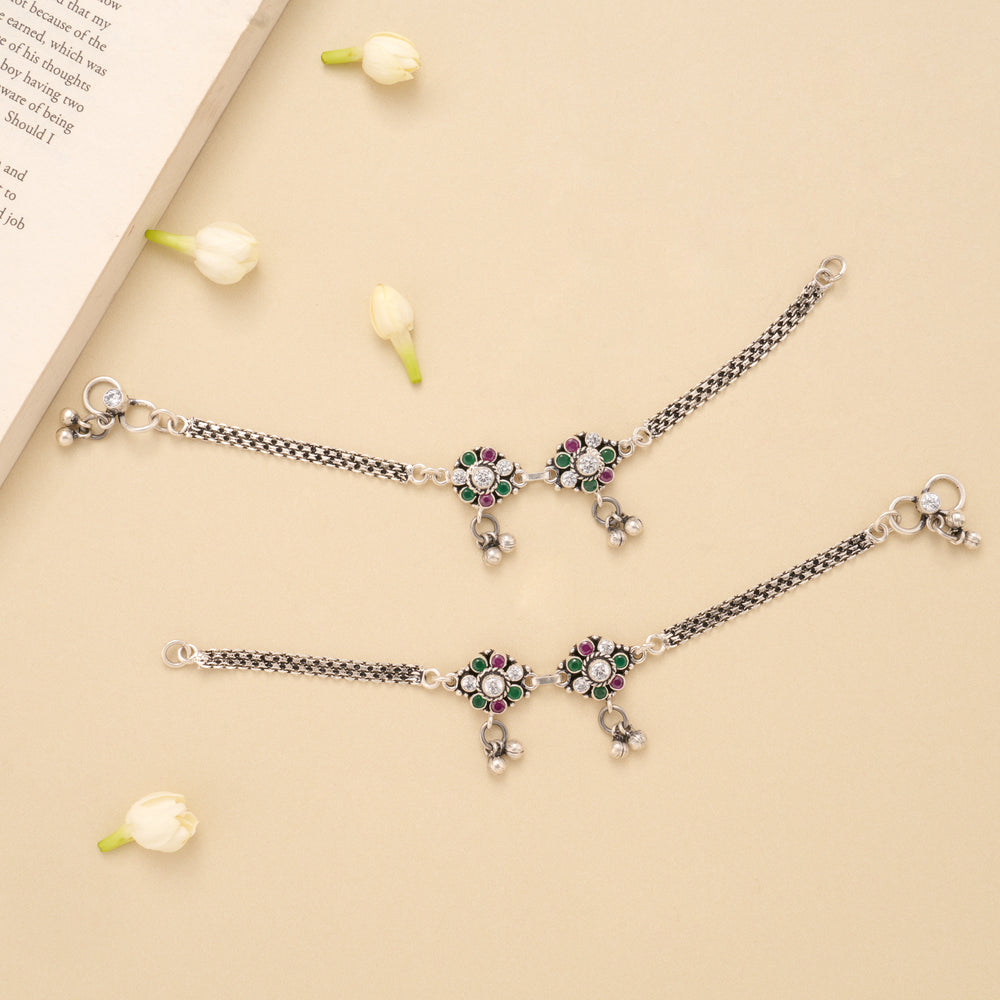 Antique Ruby Emerald Floral Silver Anklet