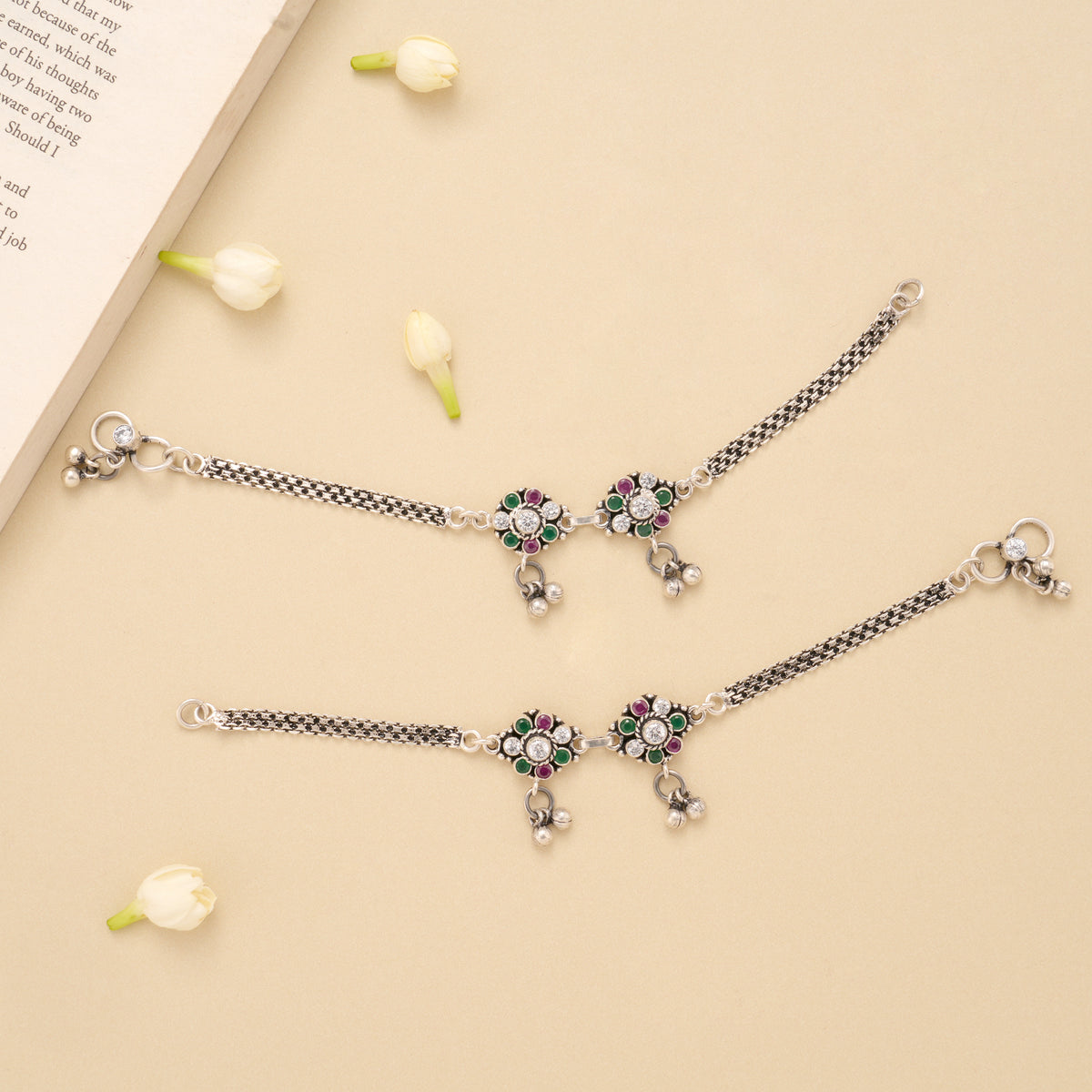 Antique Ruby Emerald Floral Silver Anklet