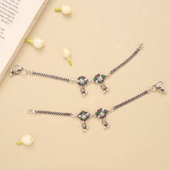 Antique Ruby Emerald Floral Silver Anklet