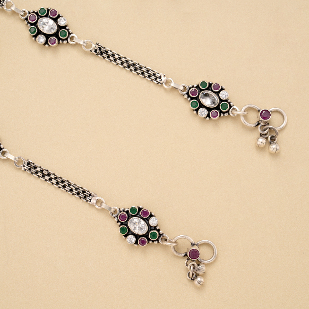 Elegant Oval Shape White Stone Silver Anklet