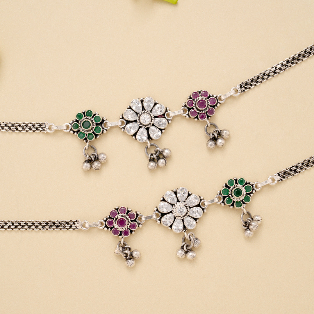 Triple Floral Ruby Emerald Silver Anklet