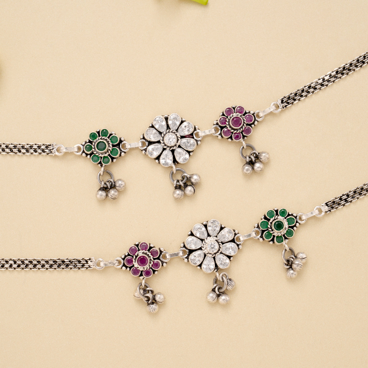 Triple Floral Ruby Emerald Silver Anklet