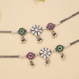Triple Floral Ruby Emerald Silver Anklet