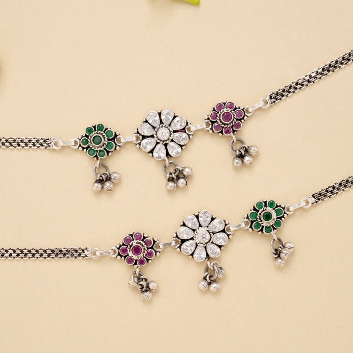 Triple Floral Ruby Emerald Silver Anklet