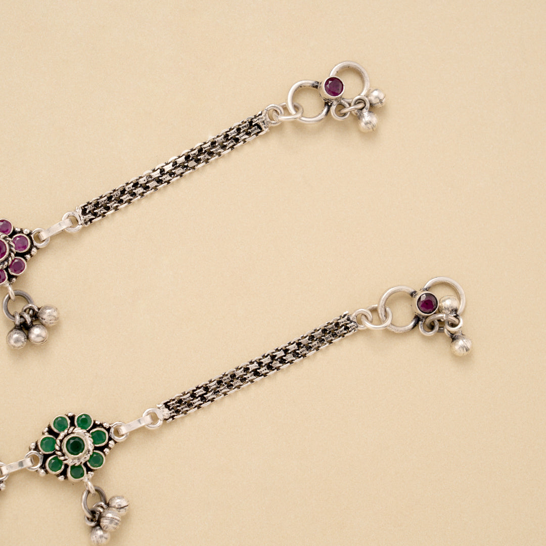 Triple Floral Ruby Emerald Silver Anklet