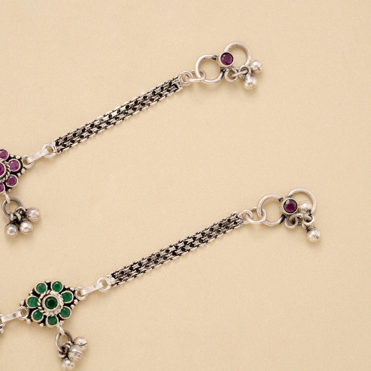 Triple Floral Ruby Emerald Silver Anklet