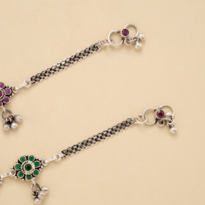 Triple Floral Ruby Emerald Silver Anklet