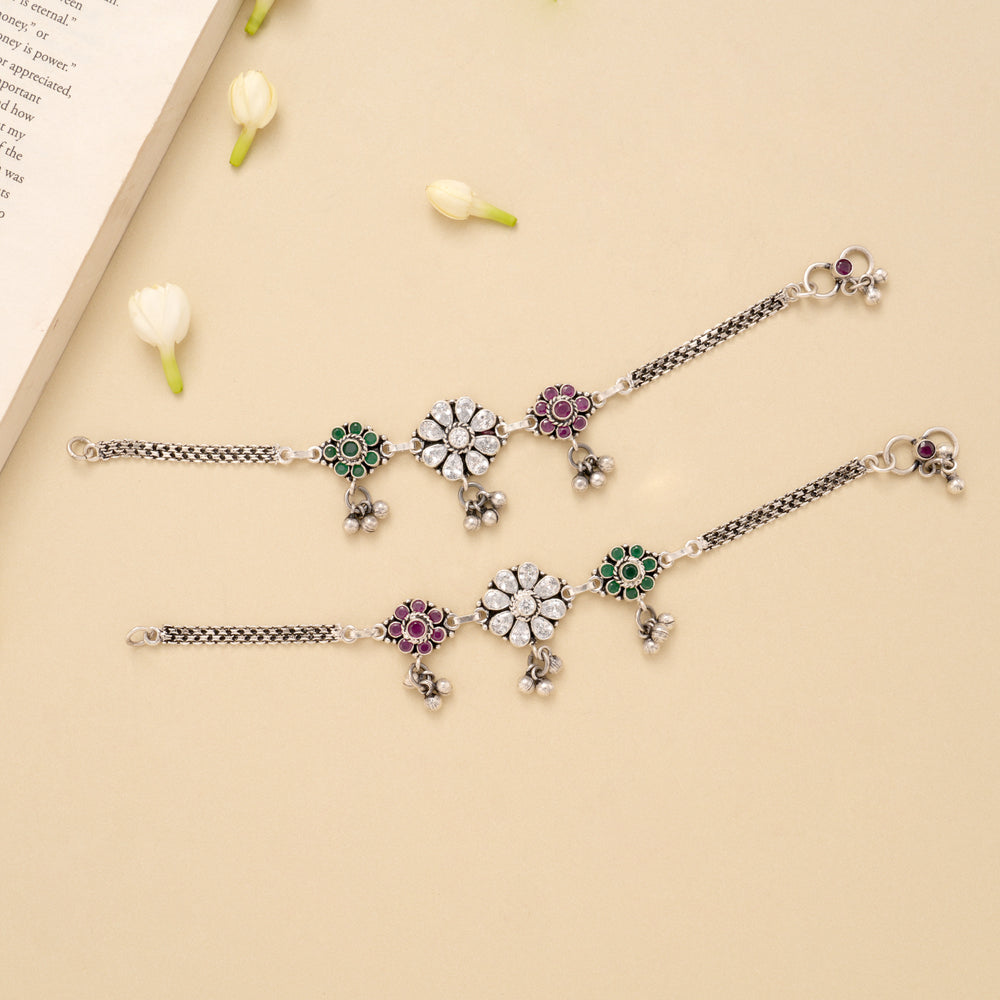 Triple Floral Ruby Emerald Silver Anklet