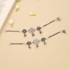 Triple Floral Ruby Emerald Silver Anklet