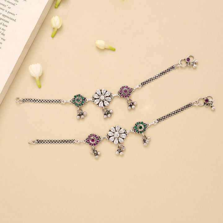 Triple Floral Ruby Emerald Silver Anklet