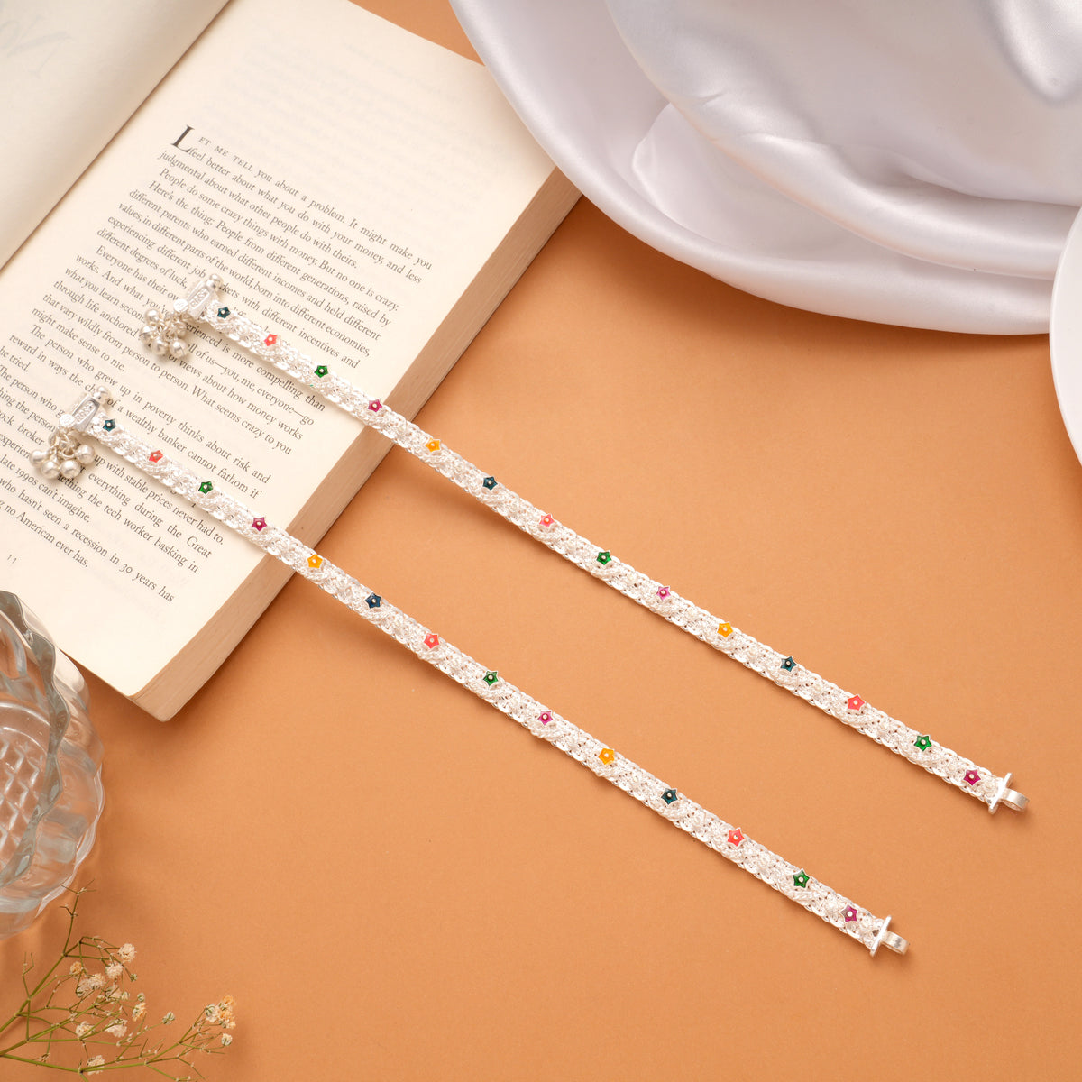 Multicolour Enamel Star Design Silver Anklets