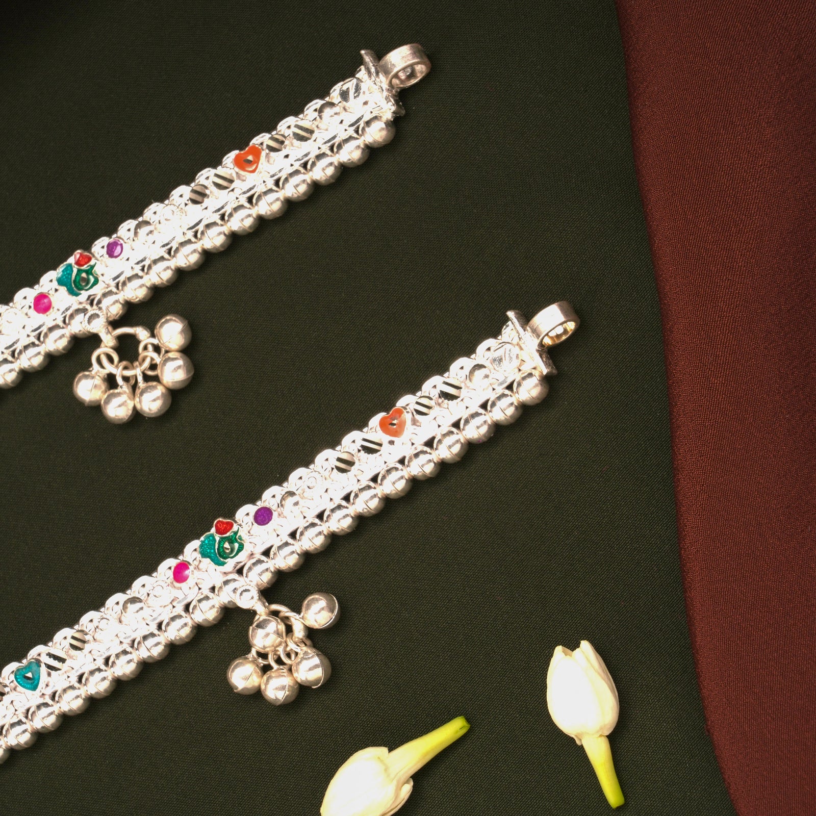 Multicolour Enamel Design Silver Anklets