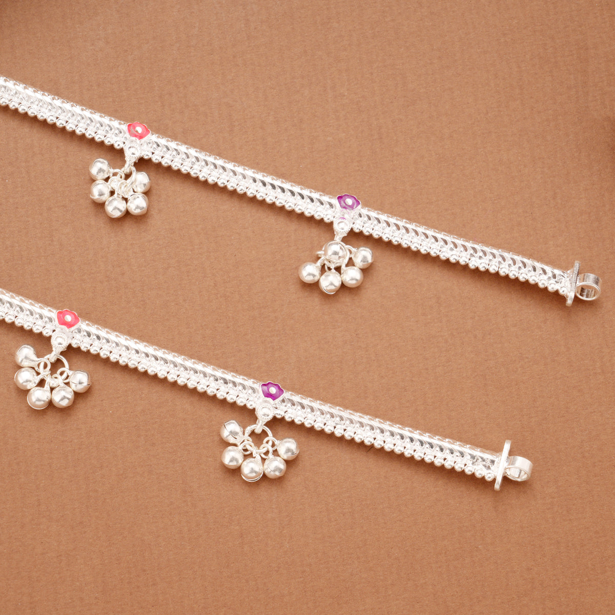 Dual Colour Floral Enamel Braided Silver Anklets