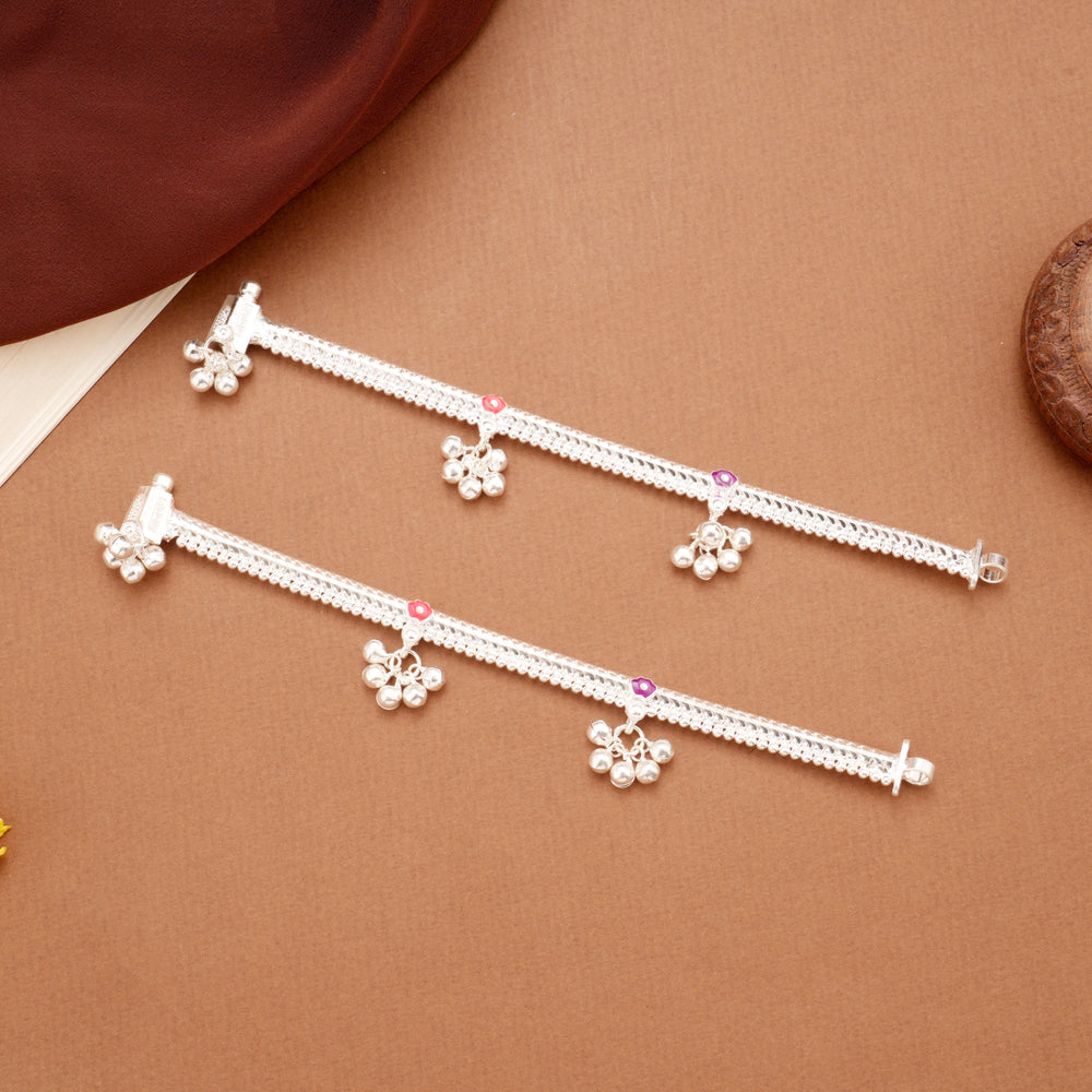 Dual Colour Floral Enamel Braided Silver Anklets