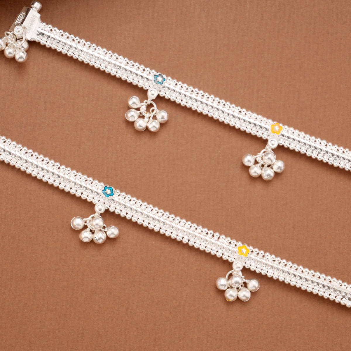 Trendy Double Tone Enamel Beaded Silver Anklets