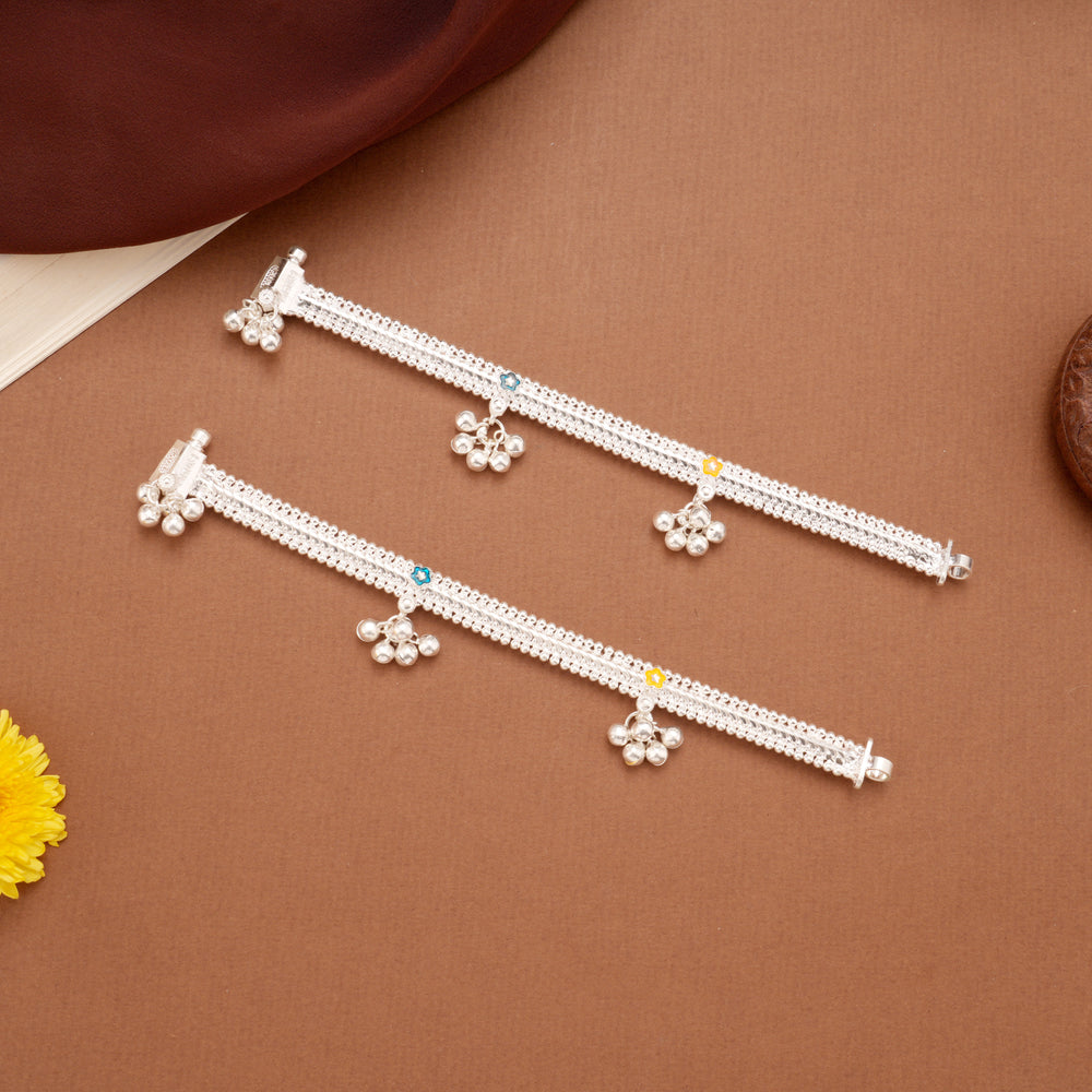 Trendy Double Tone Enamel Beaded Silver Anklets