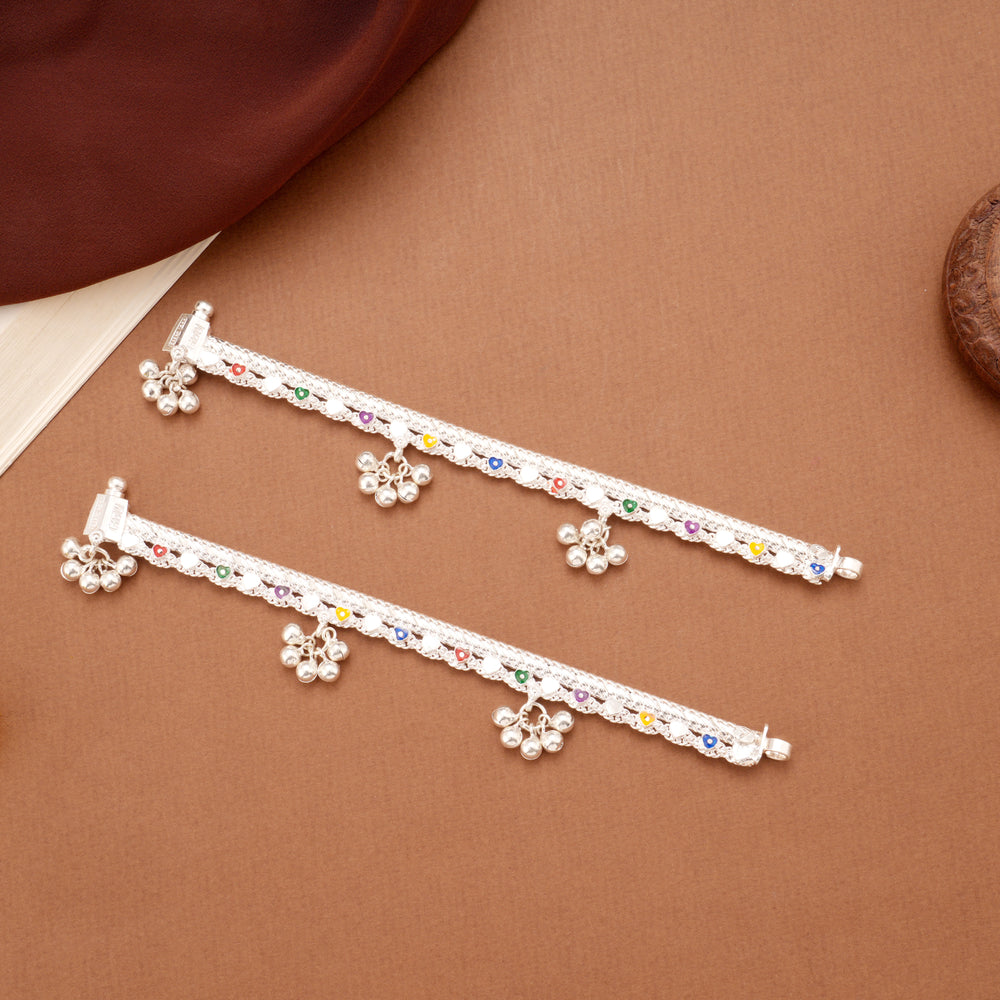 Multicolour Heart Design Enamel Silver Anklets