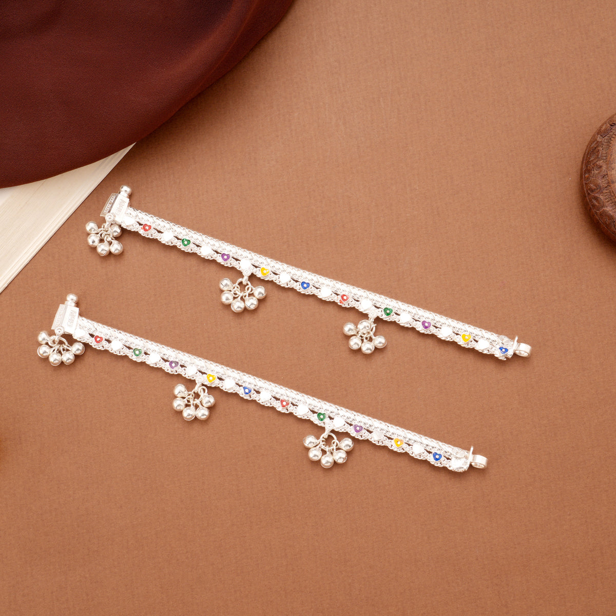 Multicolour Heart Design Enamel Silver Anklets