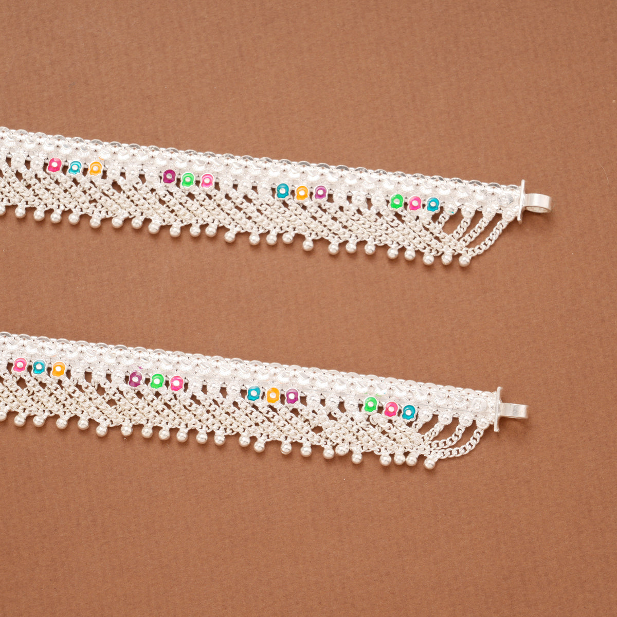 Colourful Enamel Bell Drops Ghungroo Silver Anklets