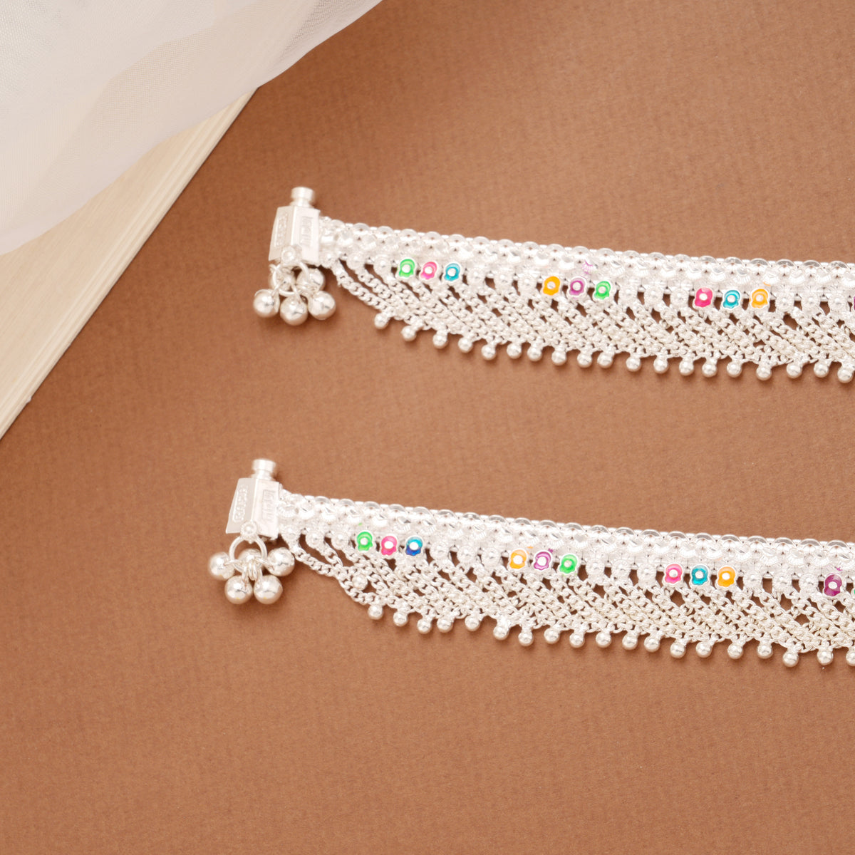 Colourful Enamel Bell Drops Ghungroo Silver Anklets