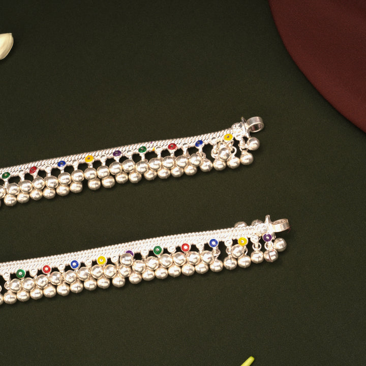 Modern Multicolour Circle Flower Enamel Silver Anklets