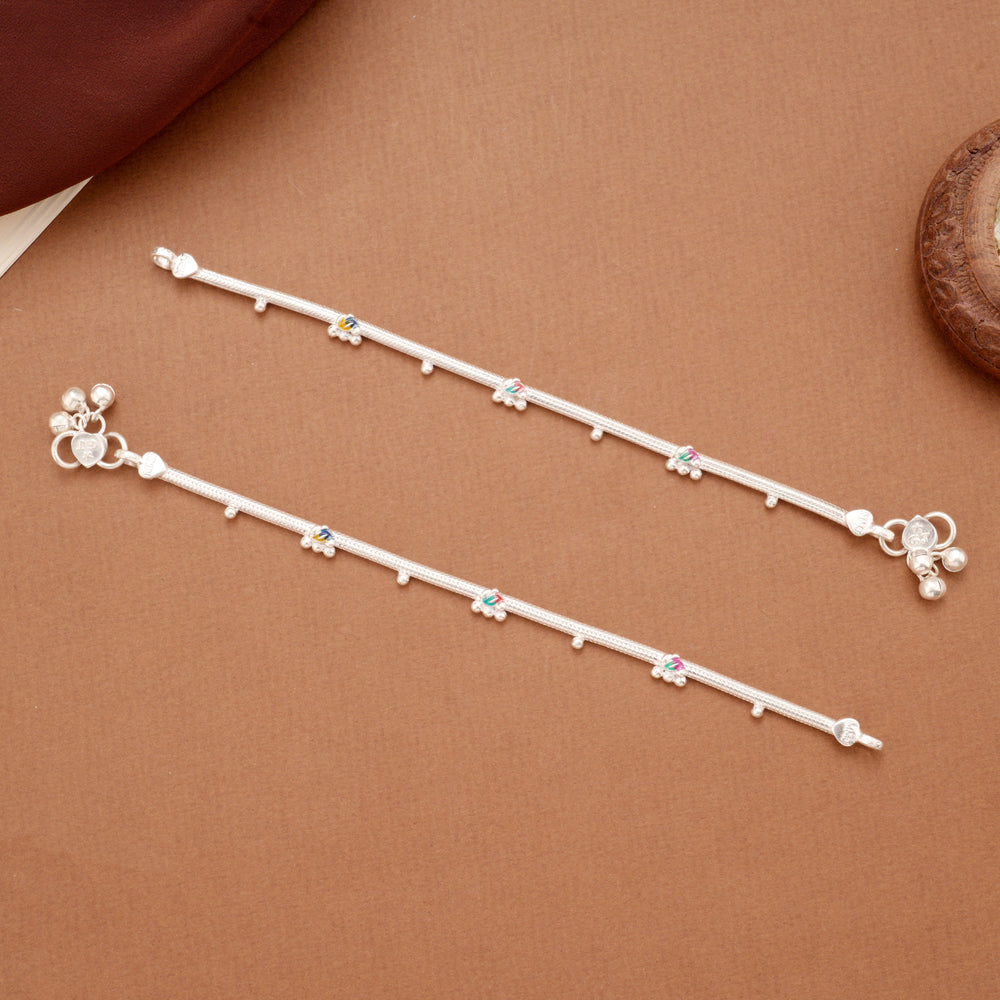 Classic Leafy Enamel Design Silver Anklets