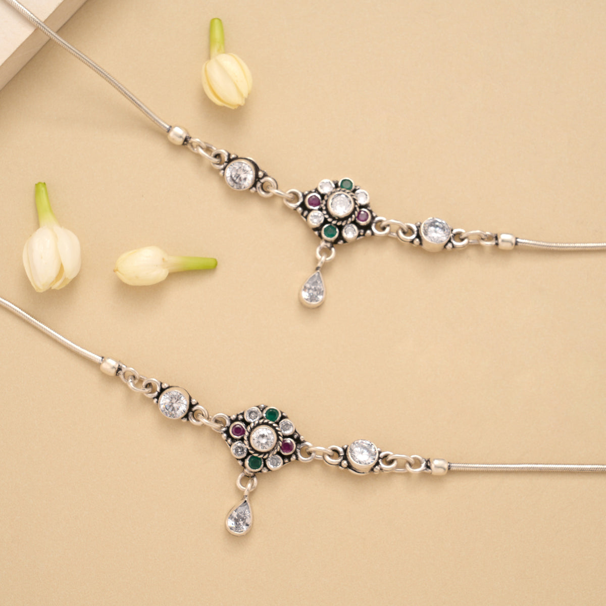 Blossom Floral Tear Drop Silver Anklet