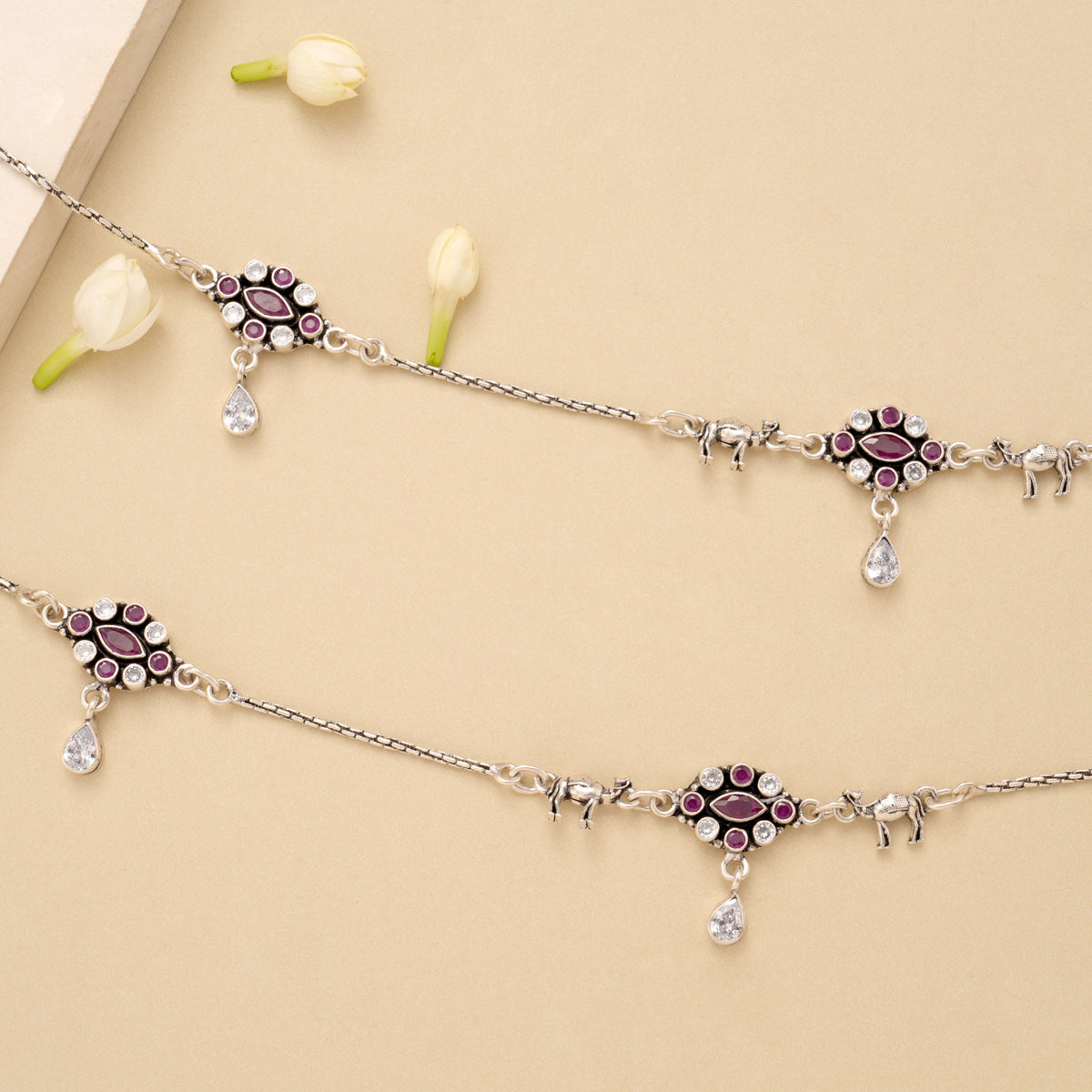 Dual Oval Shape Ruby Silver Anklet