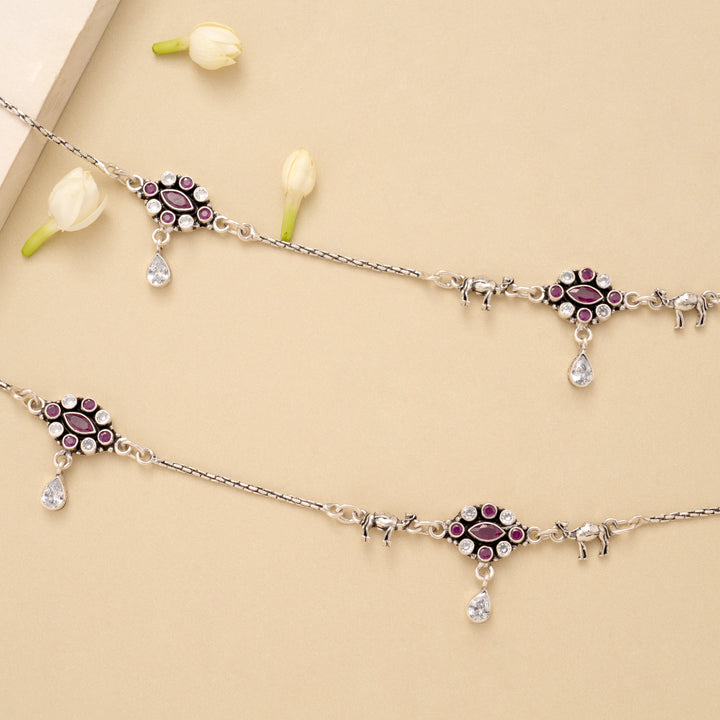Dual Oval Shape Ruby Silver Anklet