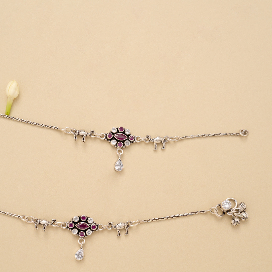 Dual Oval Shape Ruby Silver Anklet