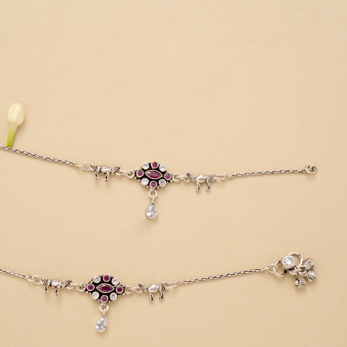 Dual Oval Shape Ruby Silver Anklet
