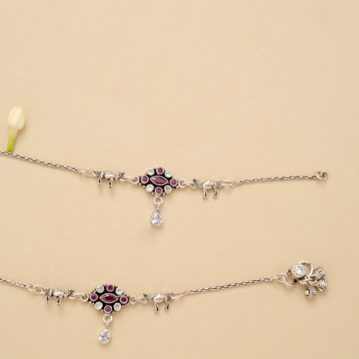 Dual Oval Shape Ruby Silver Anklet