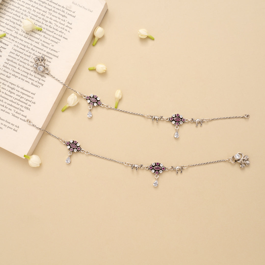 Dual Oval Shape Ruby Silver Anklet