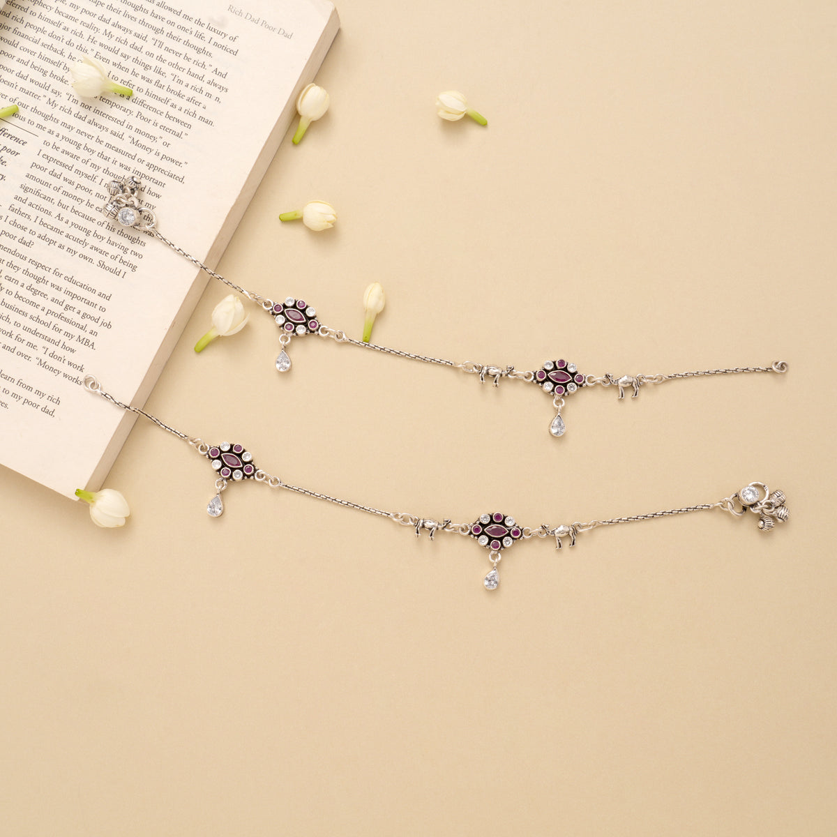 Dual Oval Shape Ruby Silver Anklet