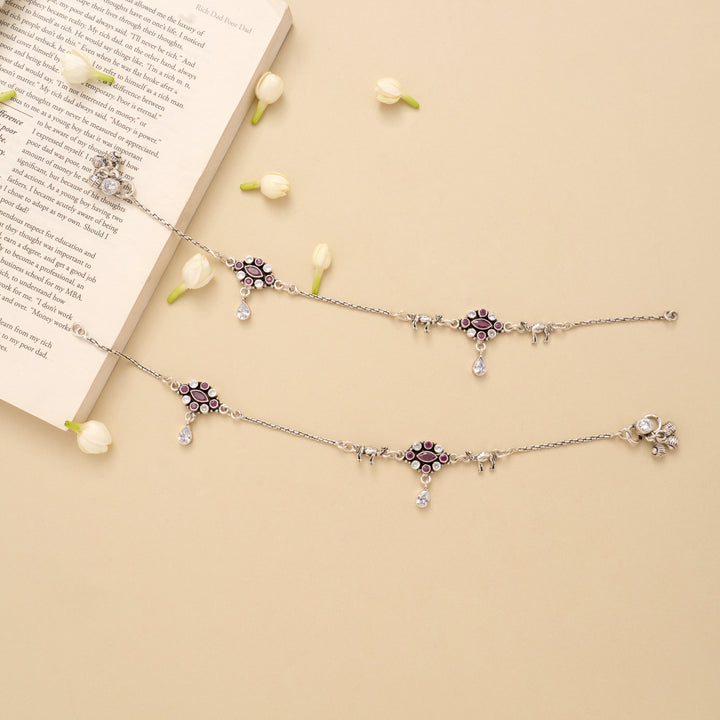 Dual Oval Shape Ruby Silver Anklet
