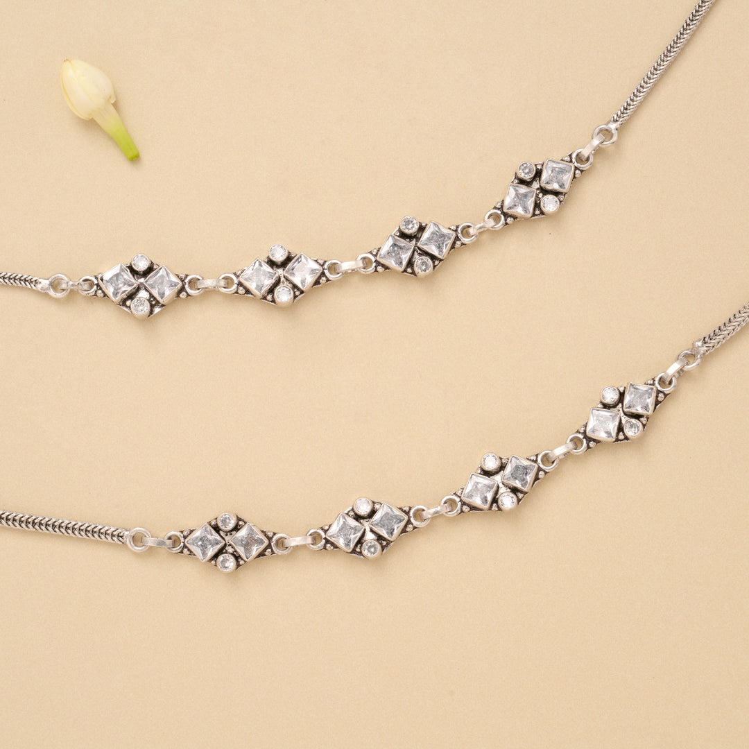 Minimal Linear Square White Stone Silver Anklet